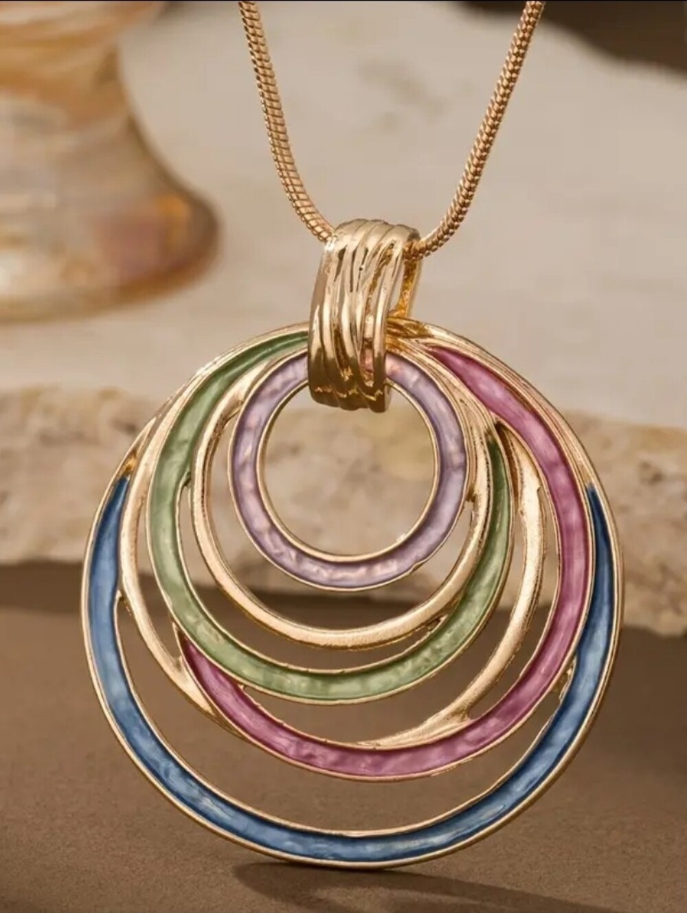 Gold Multicolor Enamel Circle Pendant Necklace - Women Jewelry